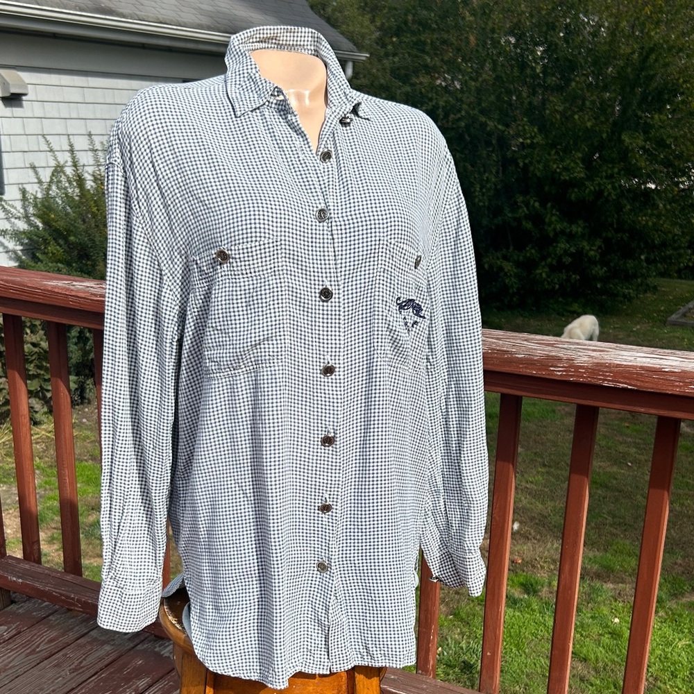 Krizia Blue and White Checkered Button-Up Shirt sz44-western wear